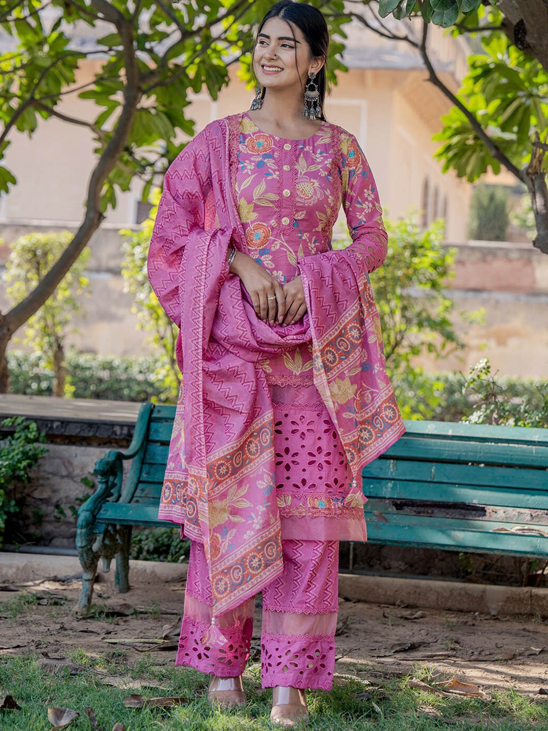 

Yufta Floral Printed Pure Cotton Straight Kurta With Trousers & Dupatta, Pink