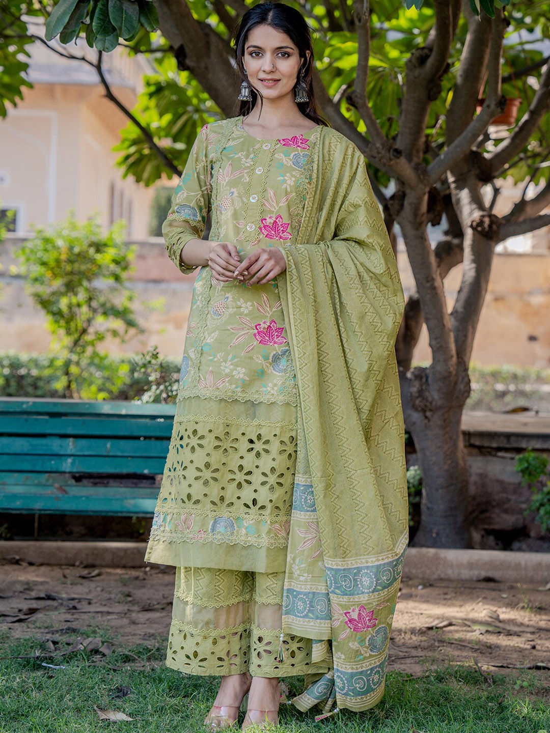 

Yufta Floral Printed Pure Cotton Straight Kurta With Trousers & Dupatta, Green