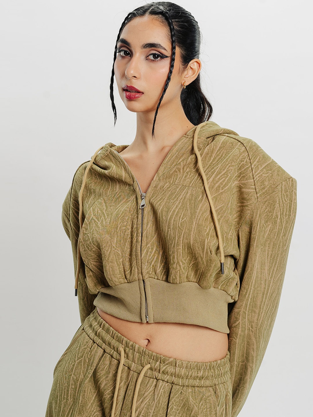 

FREAKINS Self Design Textured Hooded Crop Tailored Jacket, Khaki