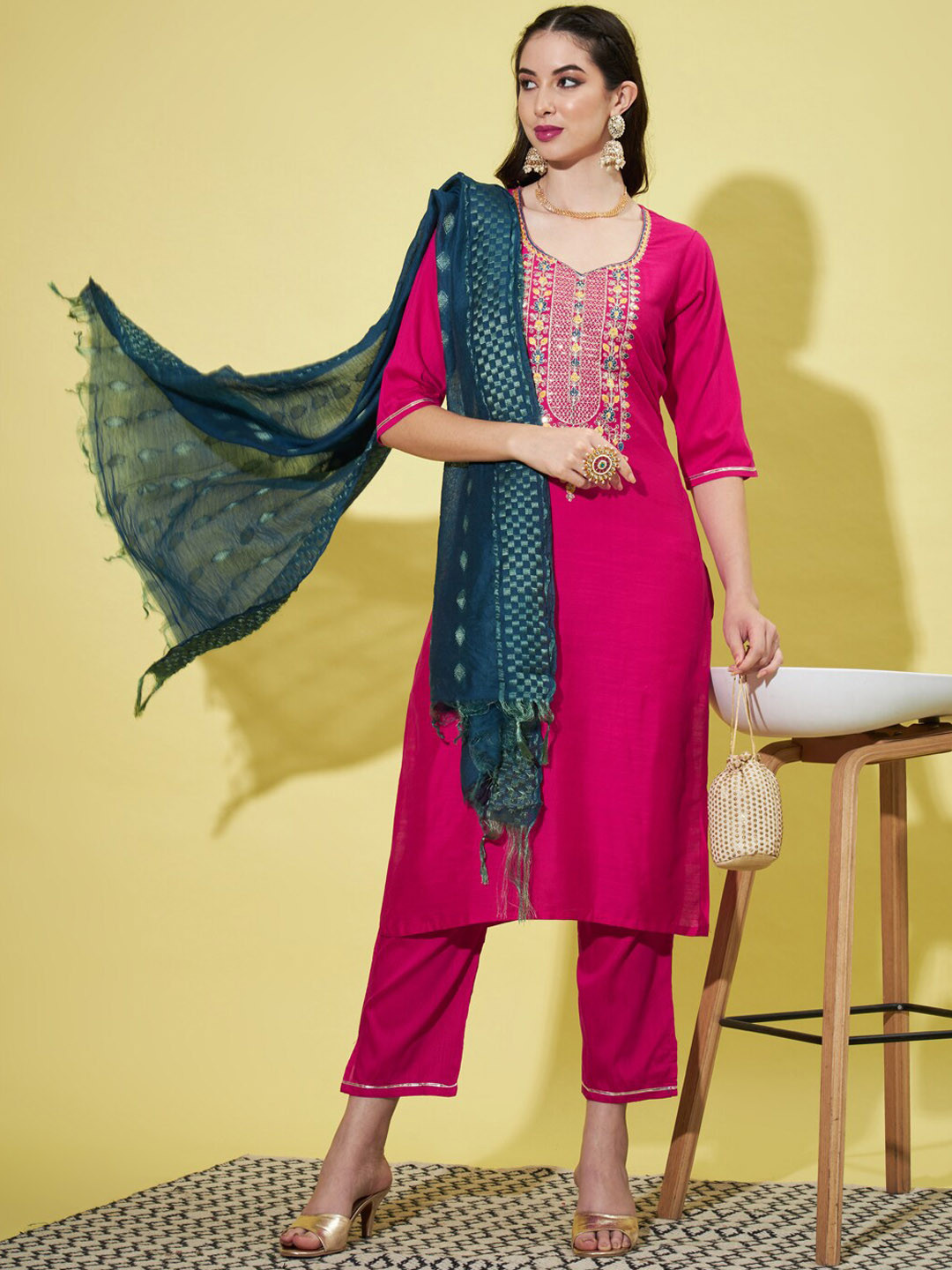

VredeVogel Floral Yoke Design Thread Work Cotton Silk Kurta With Trousers & Dupatta, Pink