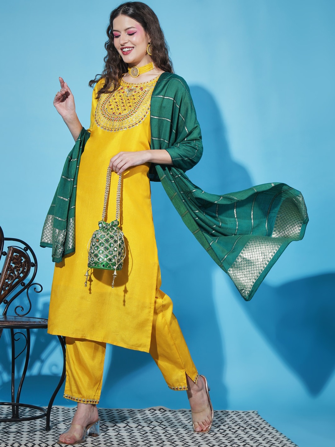 

VredeVogel Floral Embroidered Regular Kurta with Trousers & Dupatta, Yellow