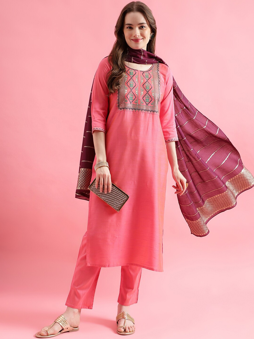 

VredeVogel Floral Yoke Design Regular Thread Work Kurta With Trousers & Dupatta, Peach