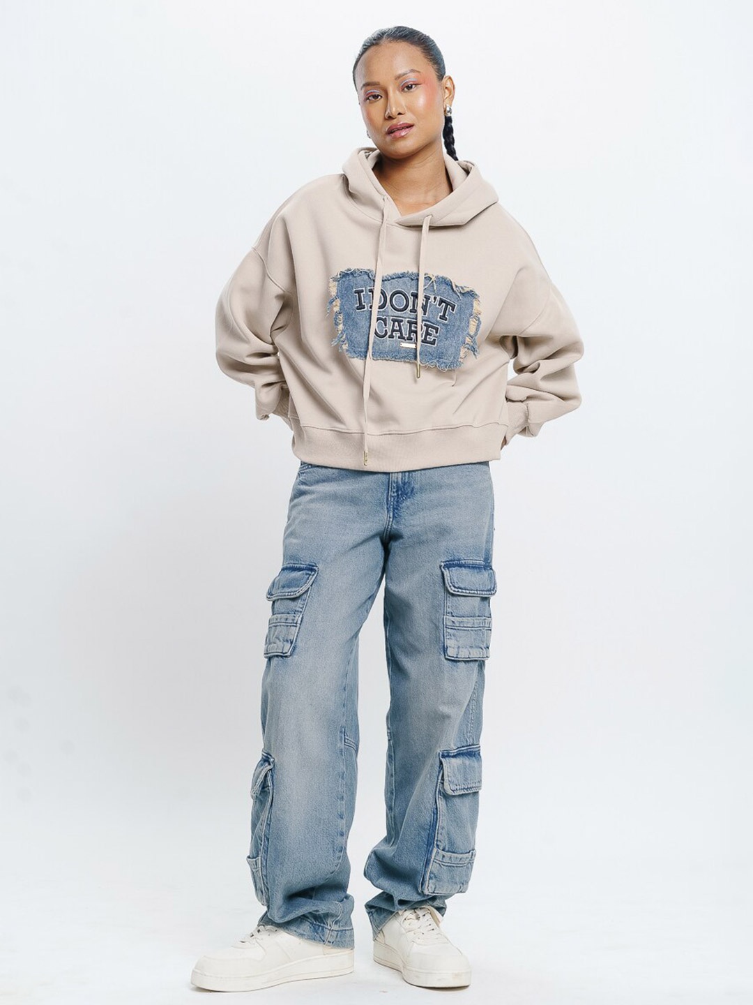 

FREAKINS Embroidered Hooded Pure Cotton Pullover, Beige