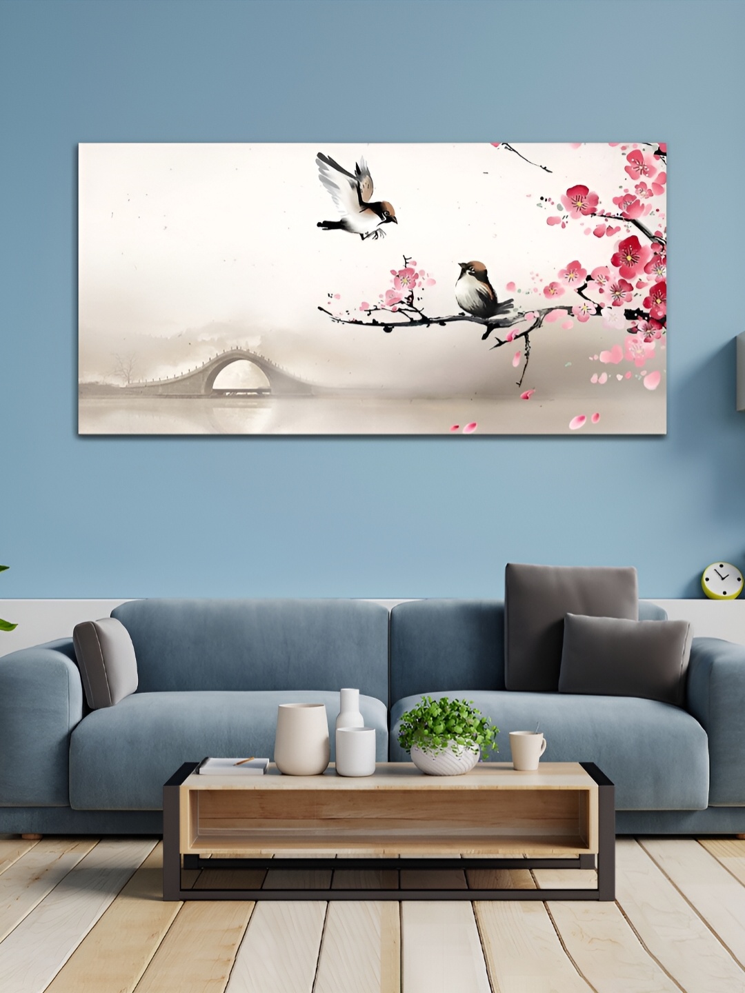

MITHILA Handicrafts Grey & Pink Bird Love Canvas Wall Art
