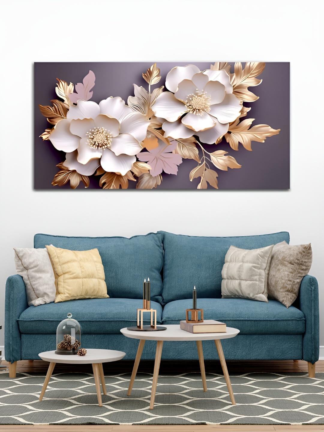 

MITHILA Handicrafts Off White & Gold Toned Flowers Canvas Painting Wall Art