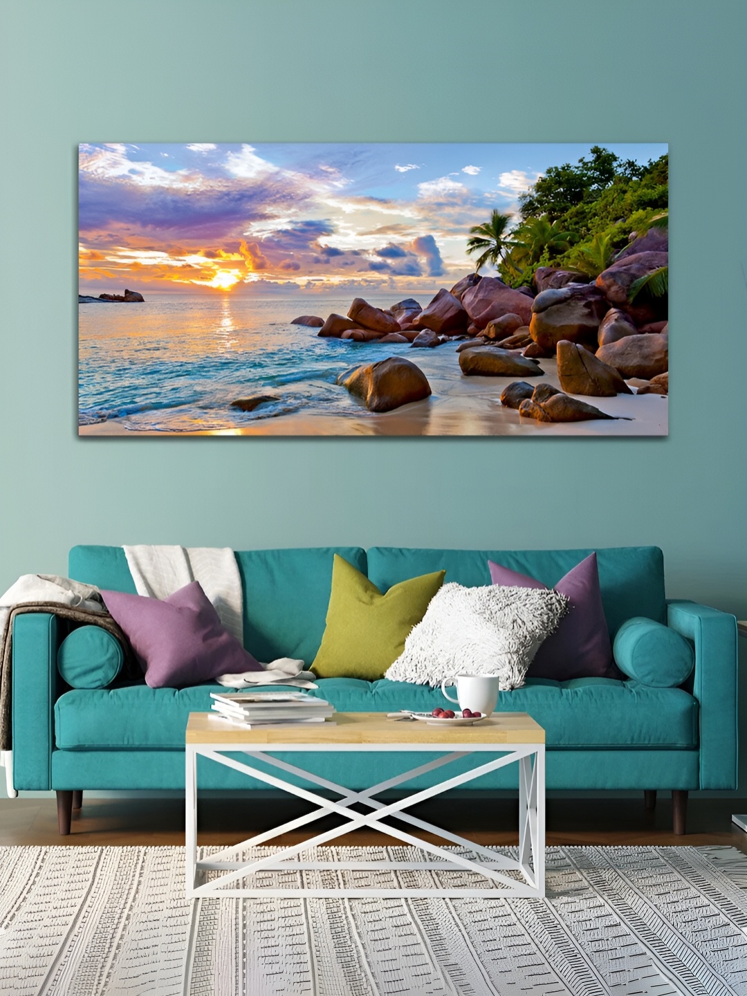 

MITHILA Handicrafts Blue & Green Sunrise & River Canvas Painting Wall Art