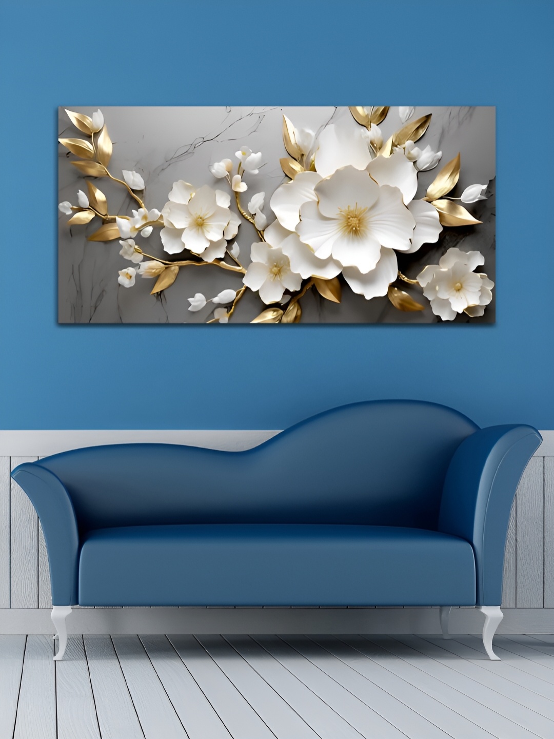 

MITHILA Handicrafts White & Gold Toned Flowers Canvas Painting Wall Art, Grey