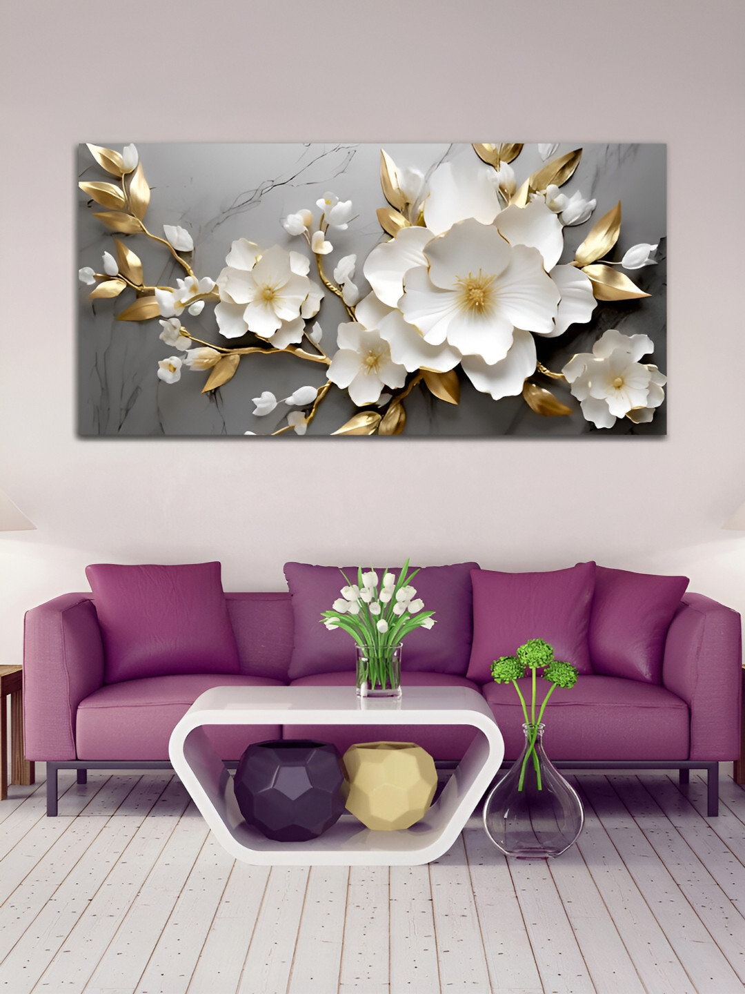 

MITHILA Handicrafts White & Gold Toned Flowers Canvas Wall Art