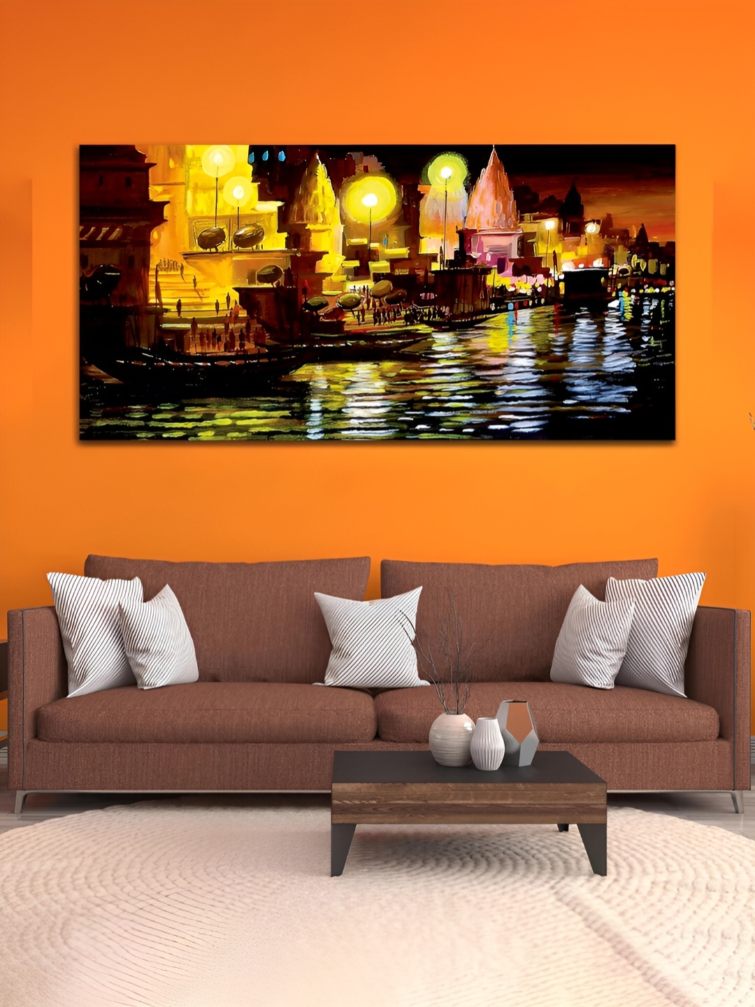 

MITHILA Handicrafts Yellow & Black Boats & Temple Canvas Painting Wall Art