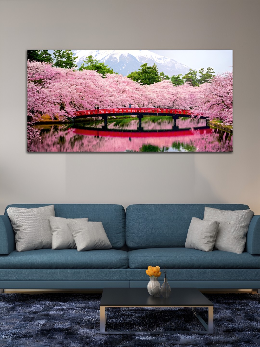 

MITHILA Handicrafts Pink & Green Bridge & Flowers Canvas Painting Wall Art