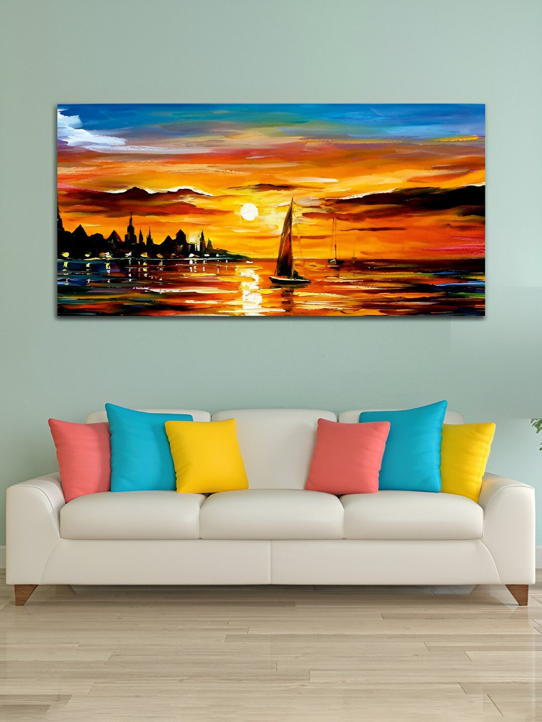 

MITHILA Handicrafts Orange & Blue Boat & River Canvas Wall Art