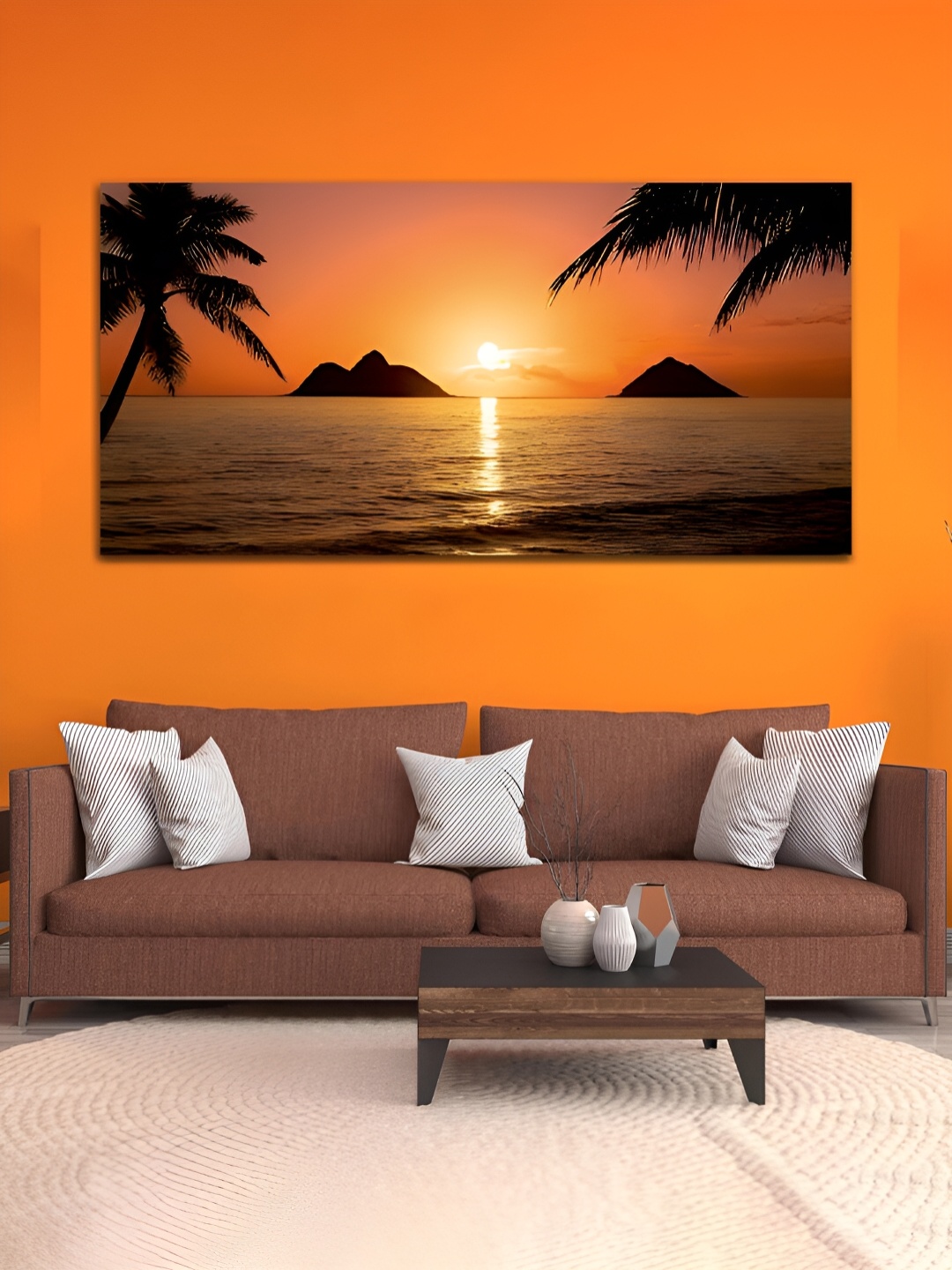 

MITHILA Handicrafts Orange & Black Sunrise & River Canvas Wall Art