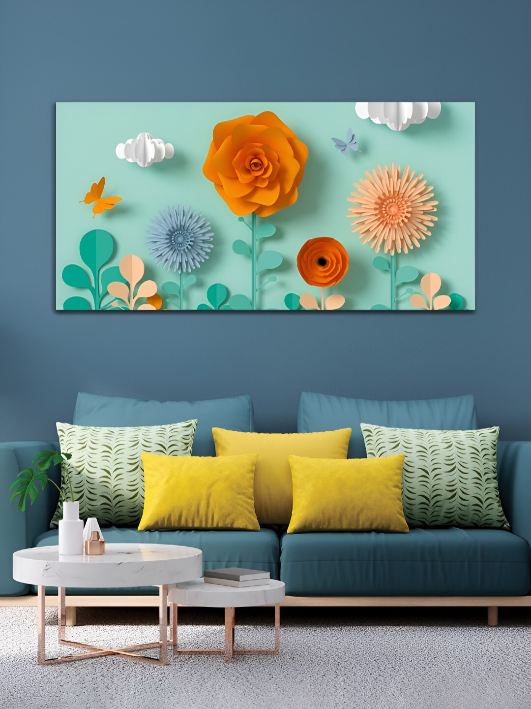

MITHILA Handicrafts Orange & Green Flowers Canvas Painting Wall Art