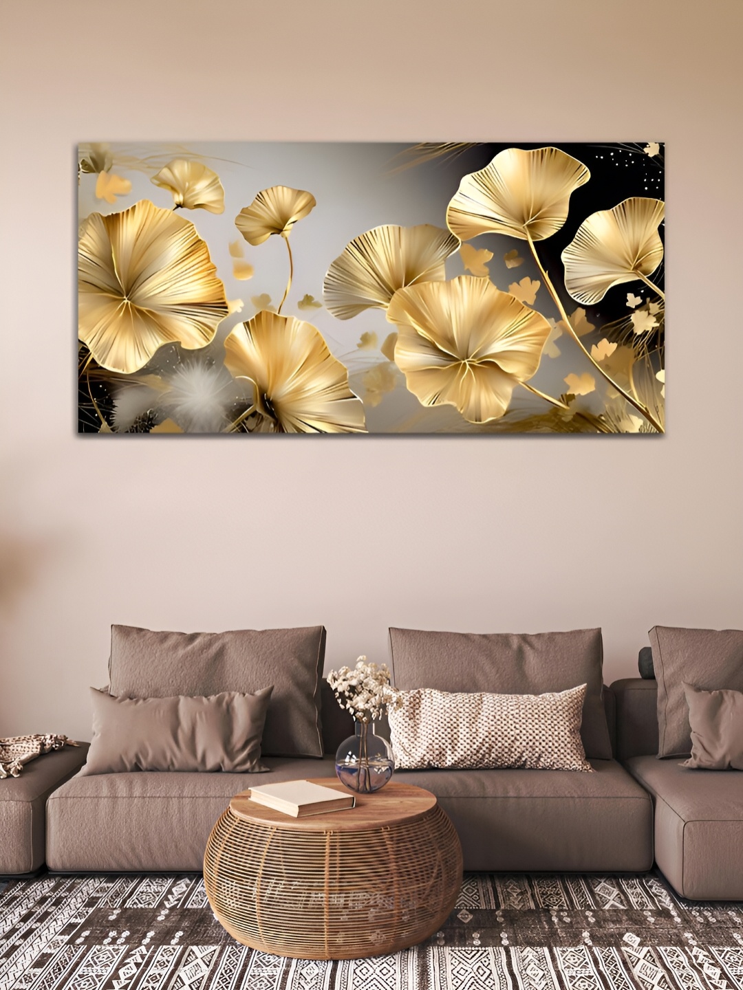 

MITHILA Handicrafts Black & Gold Toned Flowers Canvas Painting Wall Art