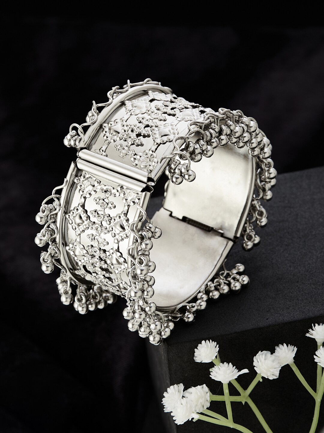 

ATIBELLE German Silver Plated Floral Textured Geometric Shaped Bangle