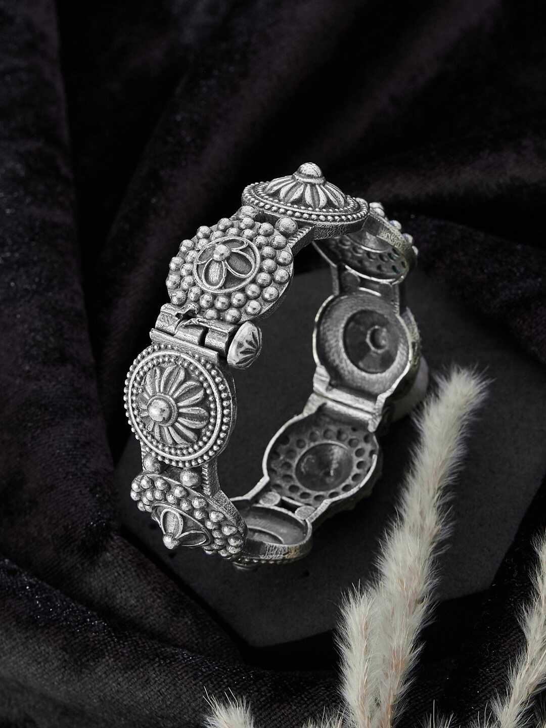 

ATIBELLE German Silver-Plated & Floral Shaped Textured Kada Bangle