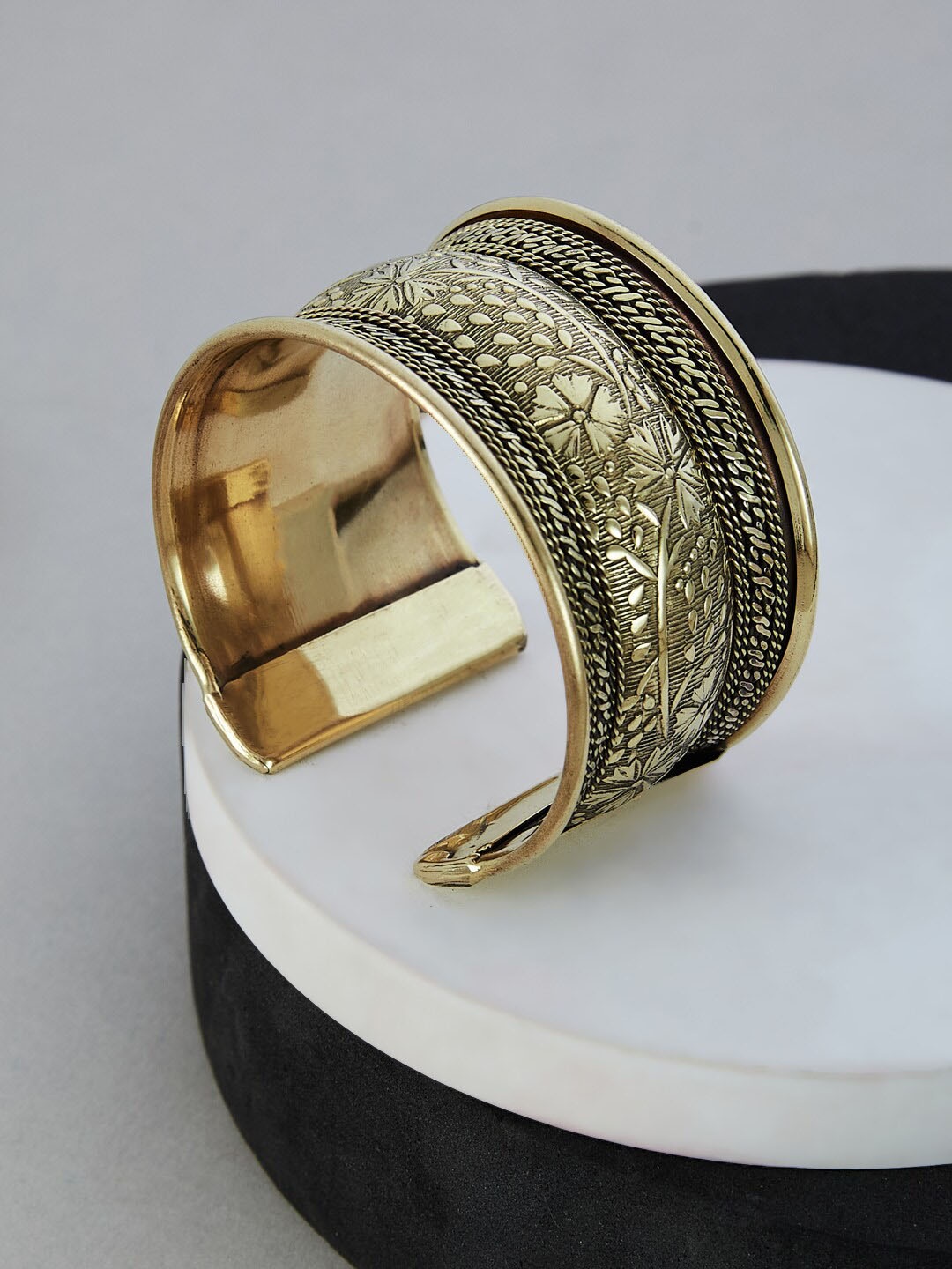 

ATIBELLE German Silver-Plated Floral Textured Adjustable Bangle, Gold