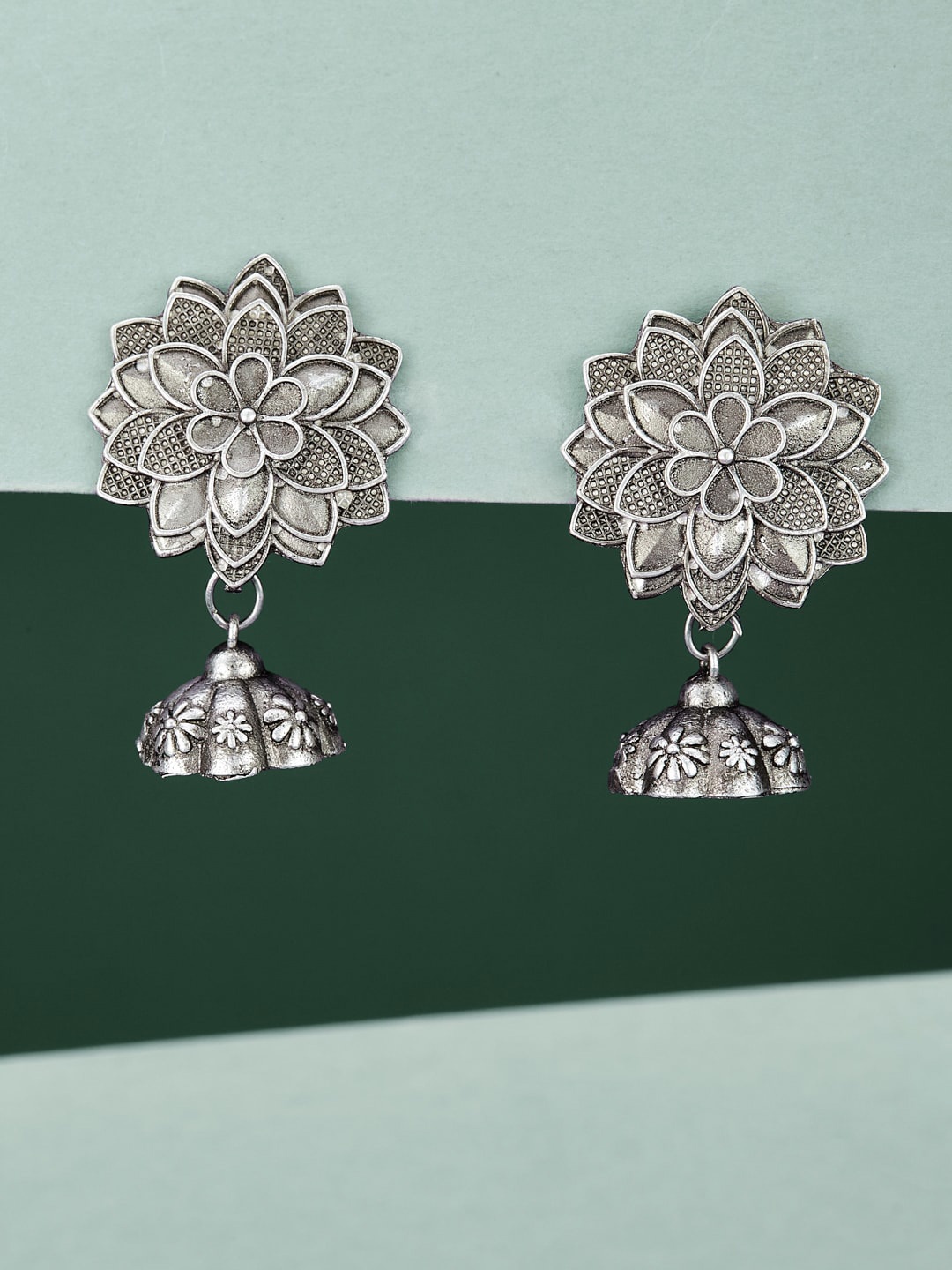 

ATIBELLE Silver-Plated Contemporary Oxidised Jhumkas