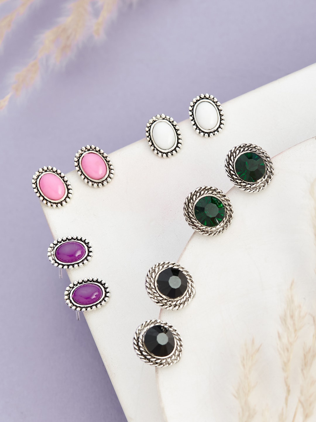 

ATIBELLE Set Of 5 Silver-Plated Stone-Studded & Beaded Contemporary Studs Earrings