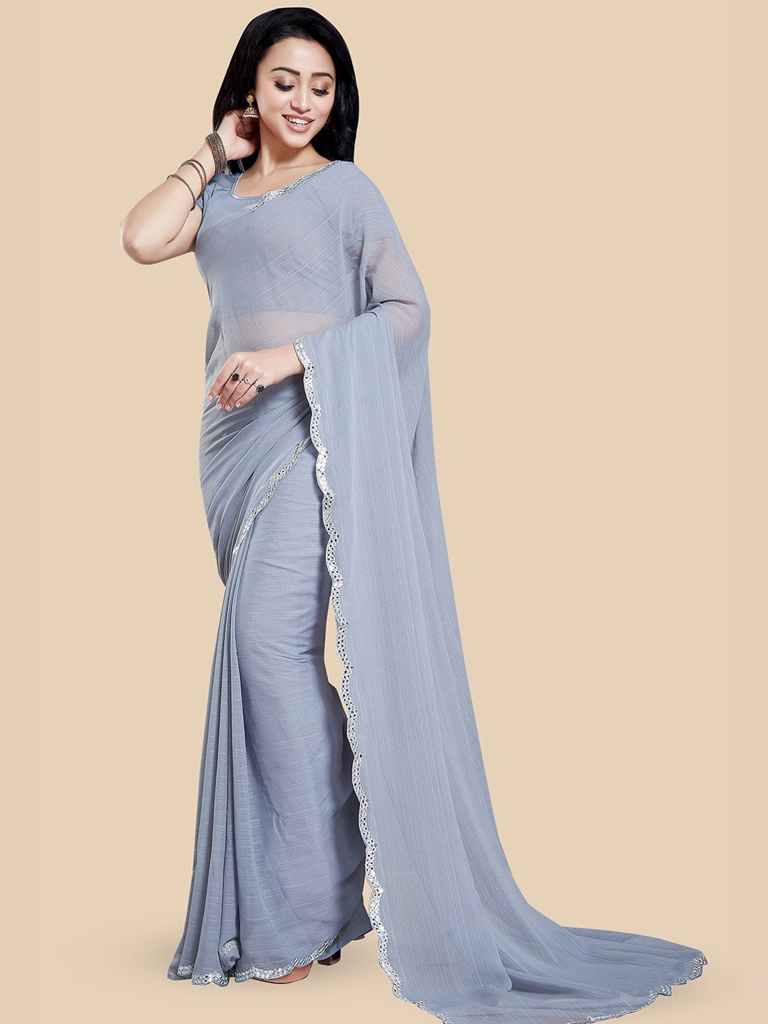 

Rani Saahiba Mirror Work Embellished Saree, Grey