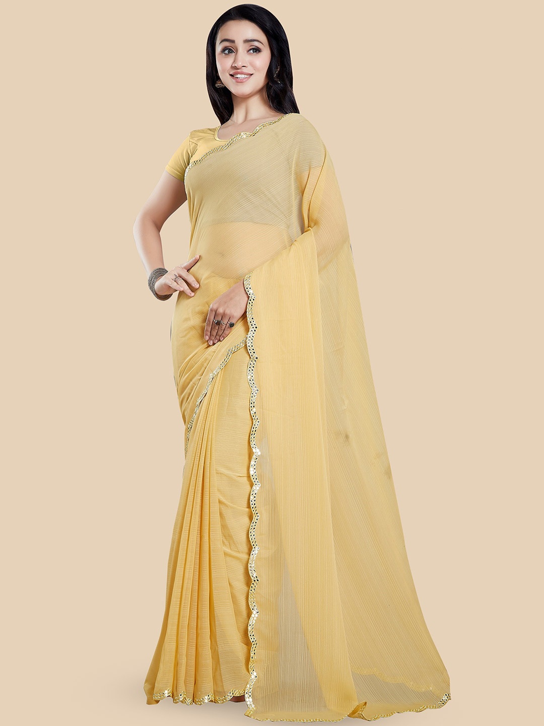 

Rani Saahiba Mirror Work Embroidered Saree, Beige