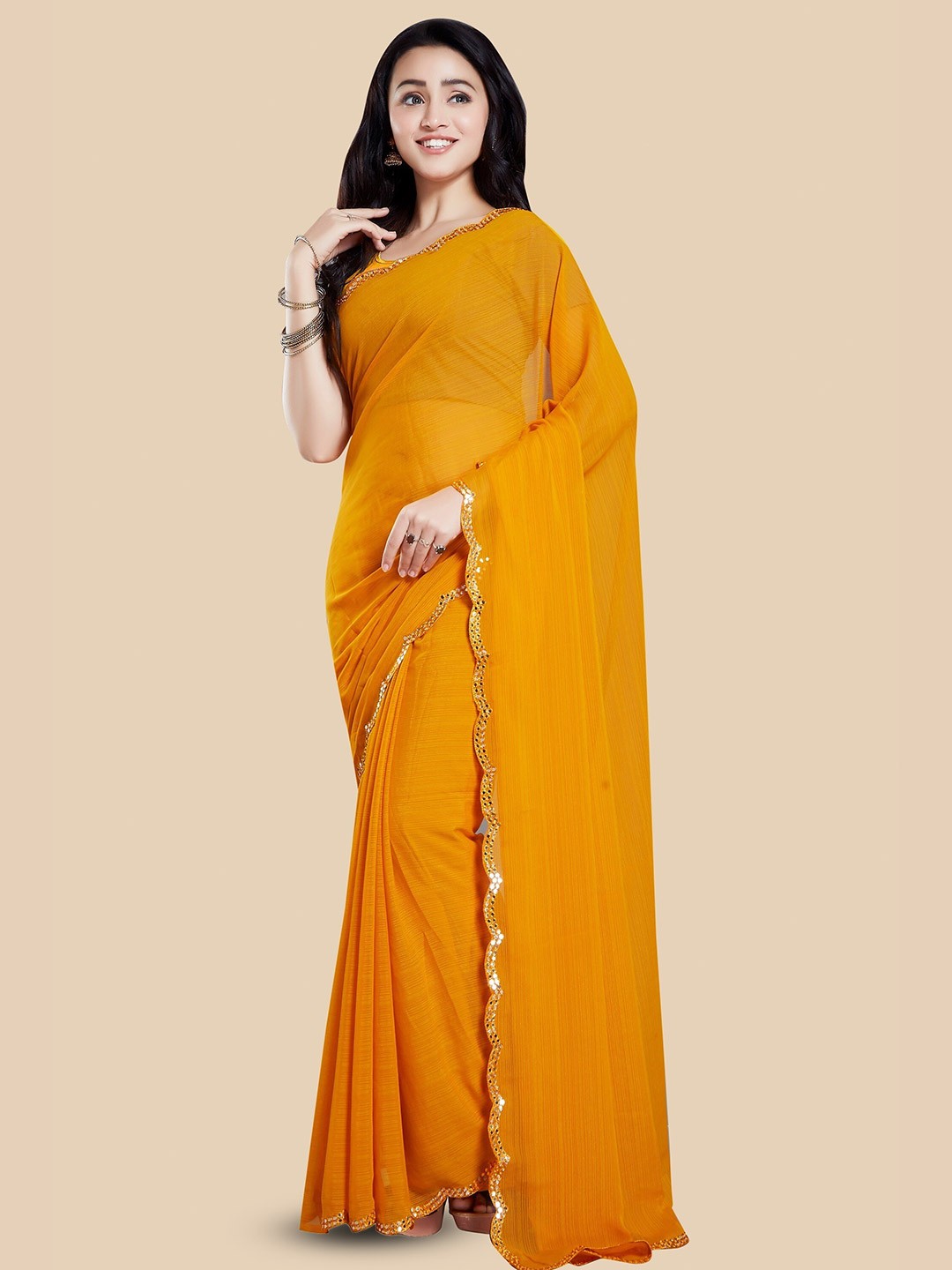 

Rani Saahiba Mirror Work Embroidered Saree, Gold