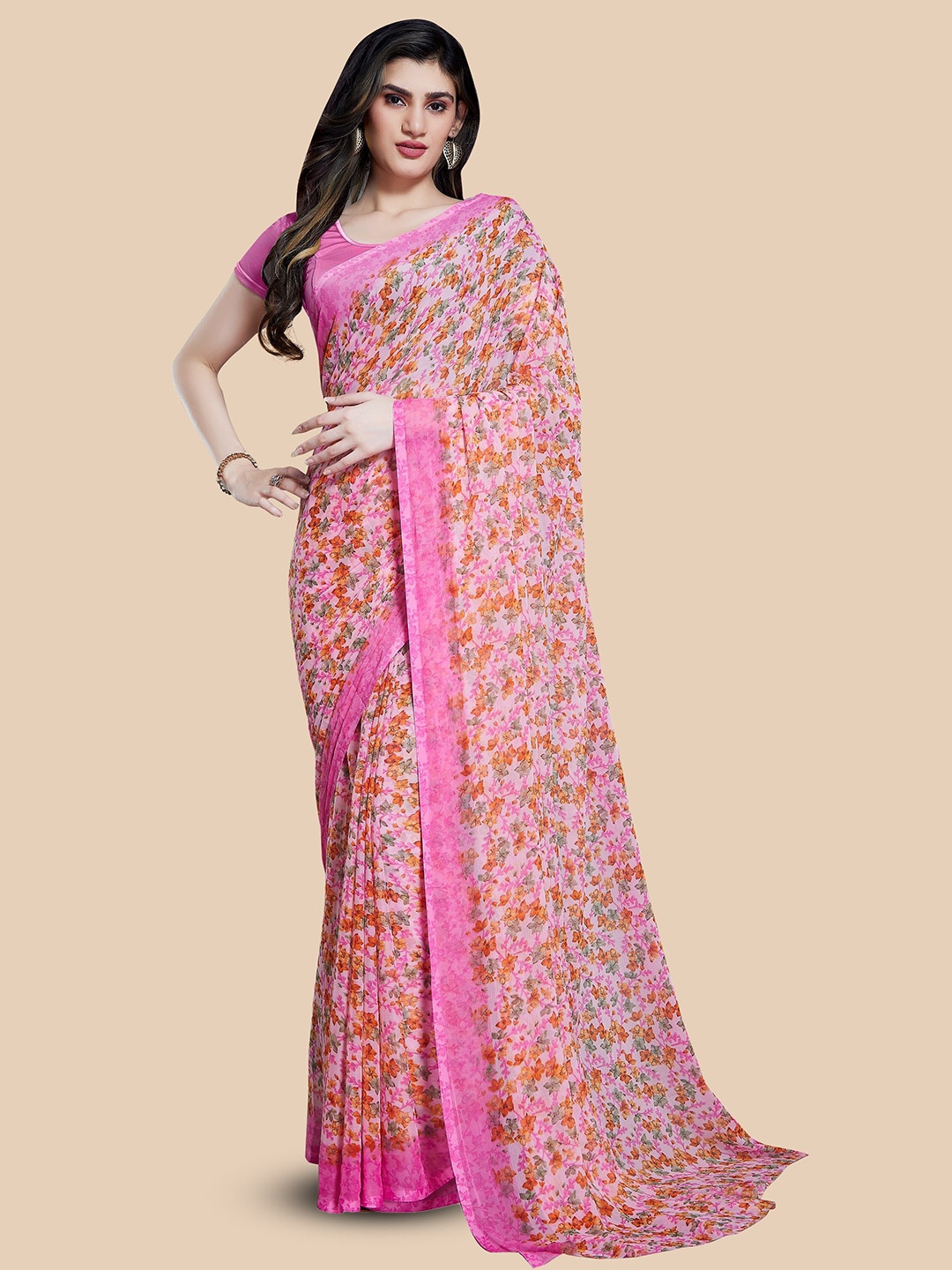 

Rani Saahiba Floral Printed Saree, Pink