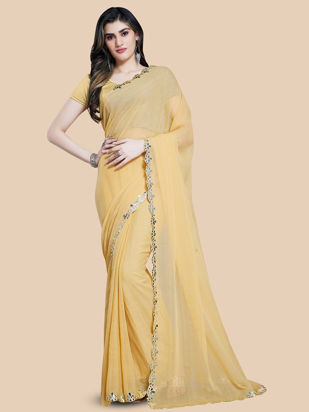 

Rani Saahiba Mirror Work Embellished Saree, Beige