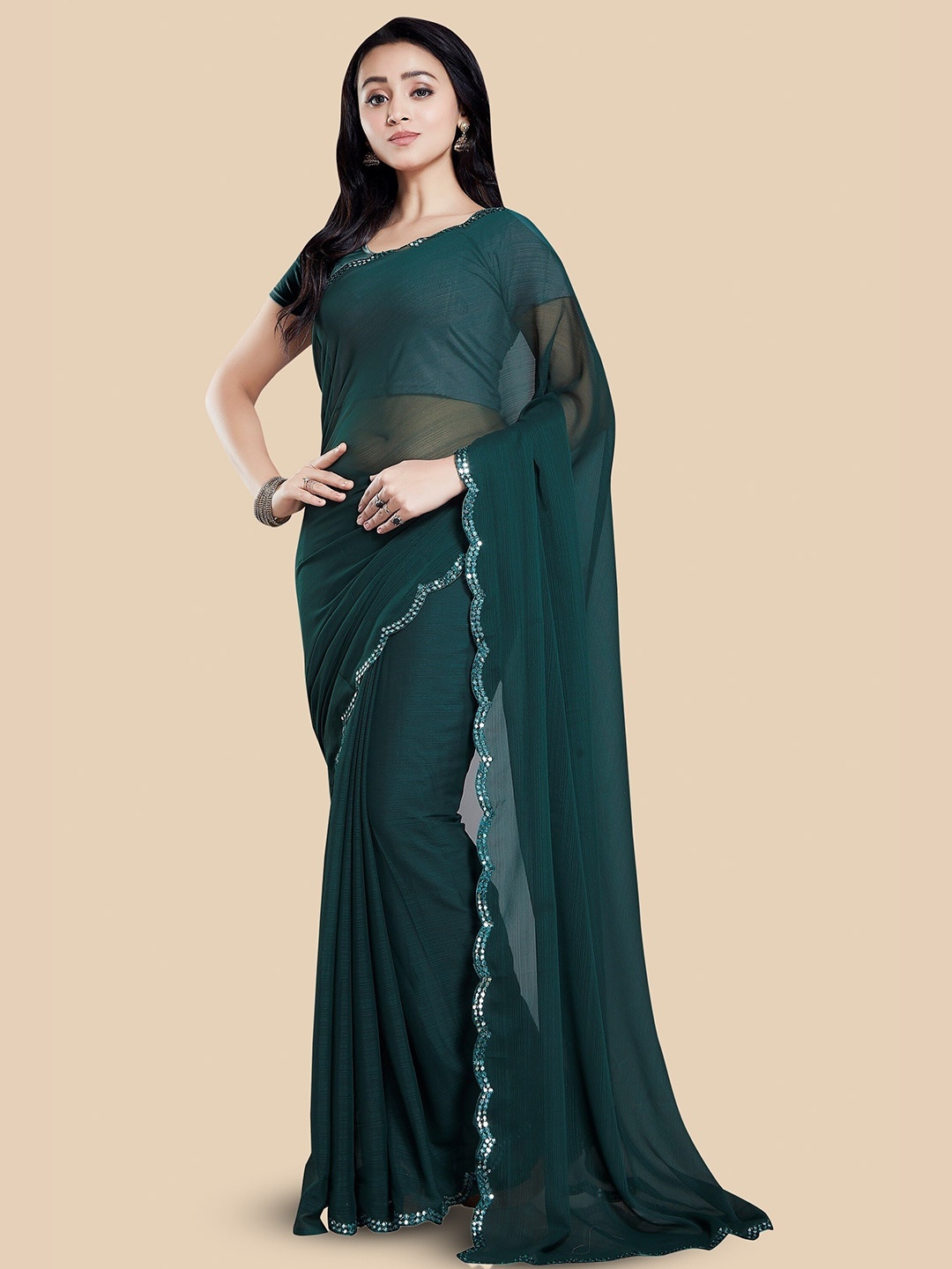 

Rani Saahiba Mirror Work Embroidered Saree, Green