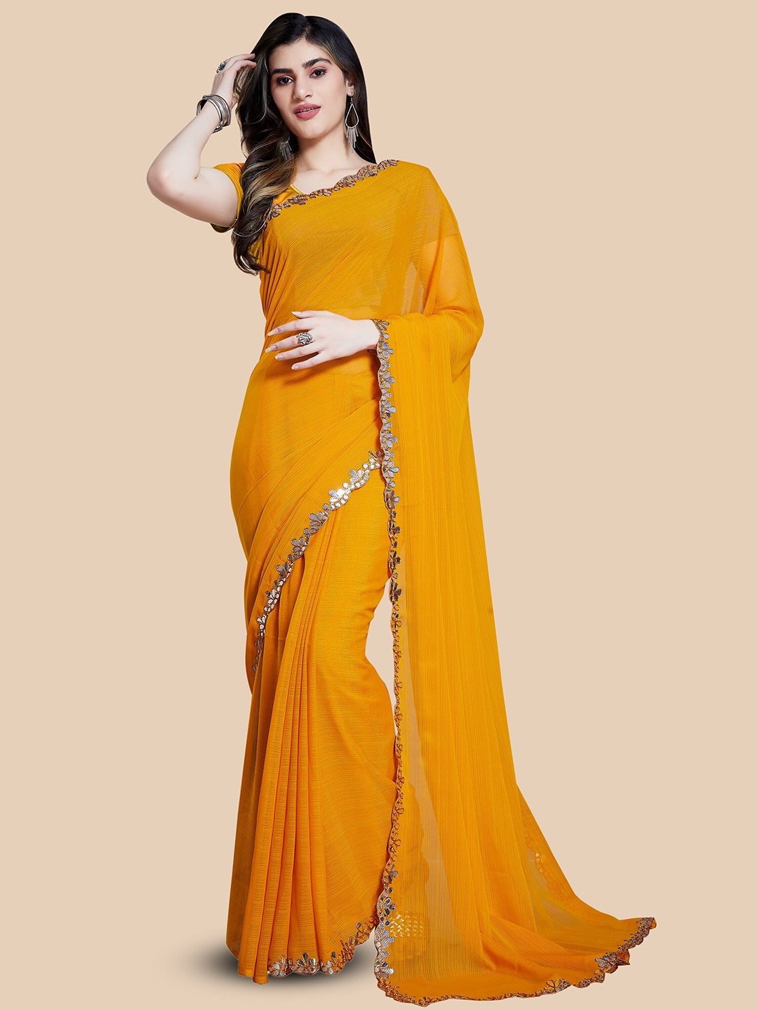 

Rani Saahiba Mirror Work Embellished Saree, Gold