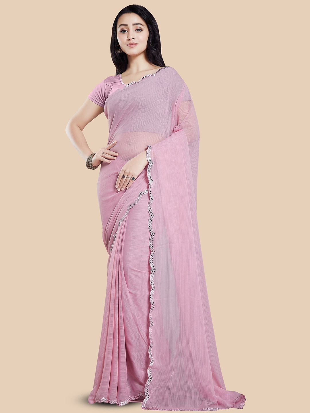 

Rani Saahiba Mirror Work Embellished Saree, Pink