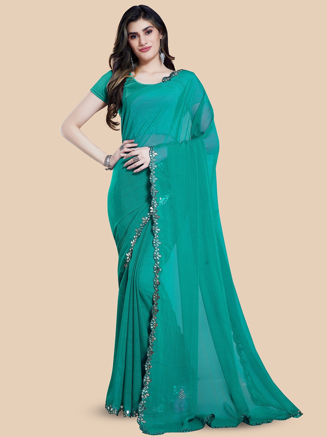 

Rani Saahiba Mirror Work Embellished Saree, Turquoise blue