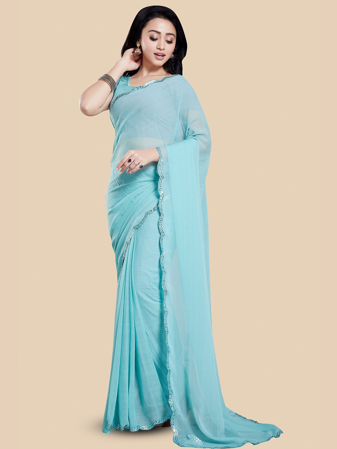 

Rani Saahiba Mirror Work Embellished Saree, Sea green