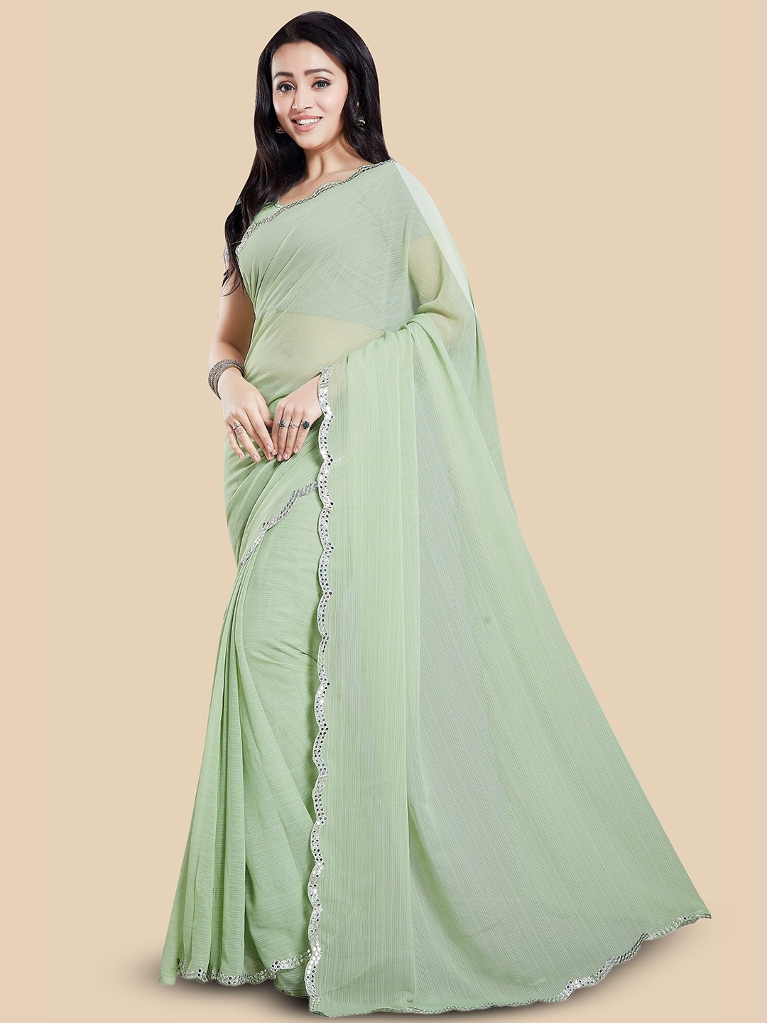 

Rani Saahiba Mirror Work Embellished Saree, Lime green