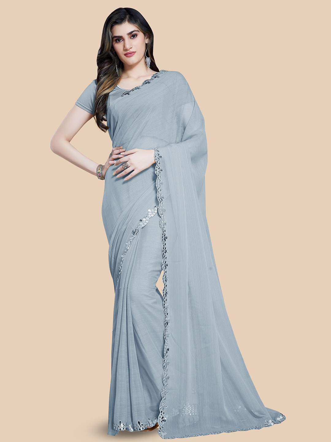

Rani Saahiba Mirror Work Embroidered Saree, Grey
