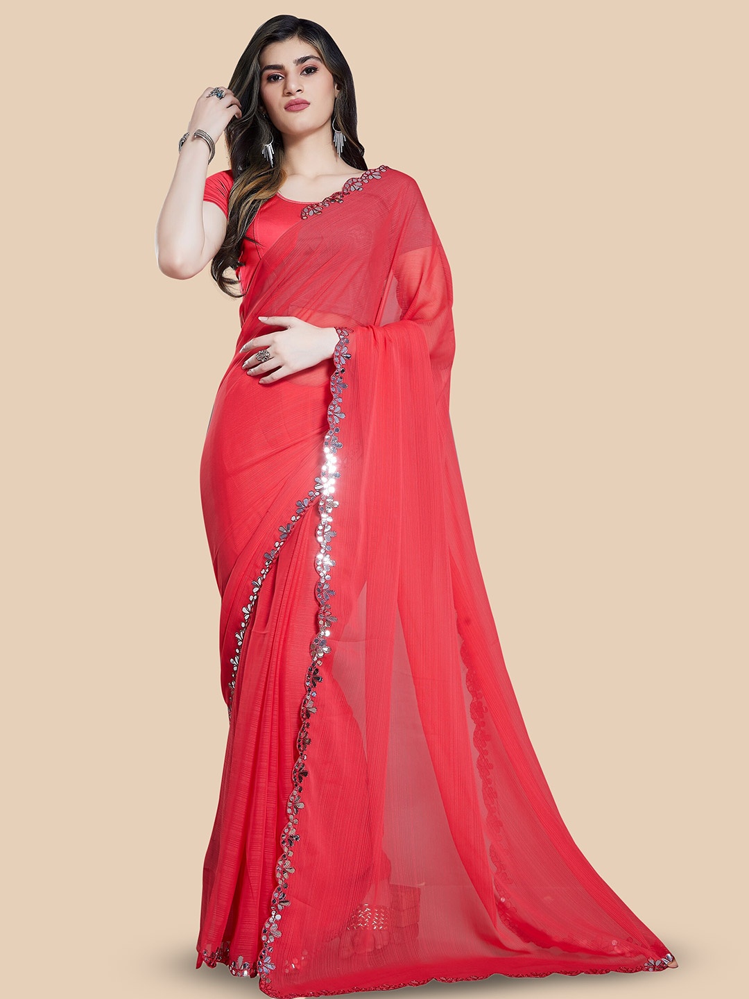 

Rani Saahiba Mirror Work Embellished Saree, Red
