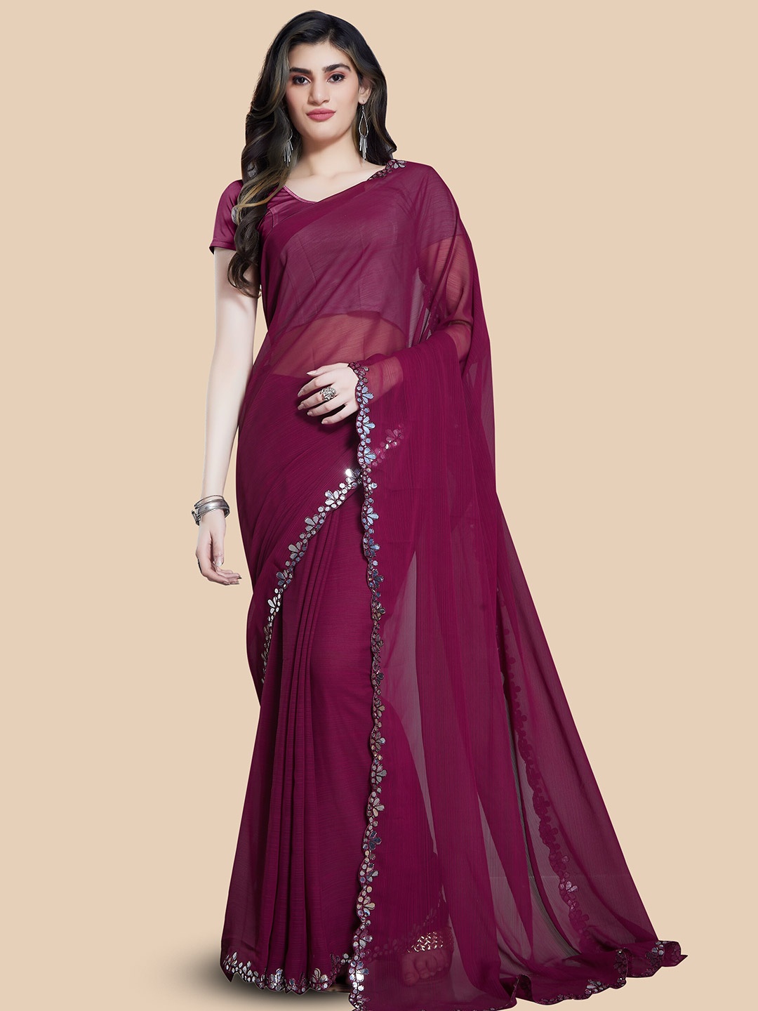 

Rani Saahiba Mirror Work Embroidered Saree, Burgundy