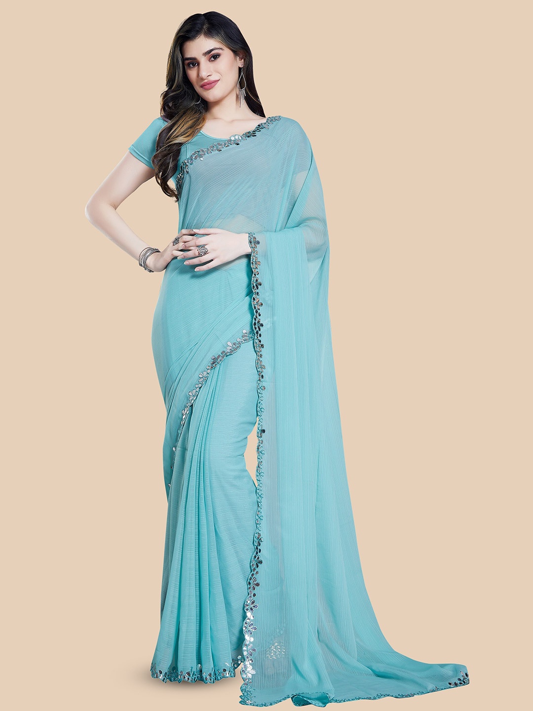 

Rani Saahiba Mirror Work Embroidered Saree, Sea green