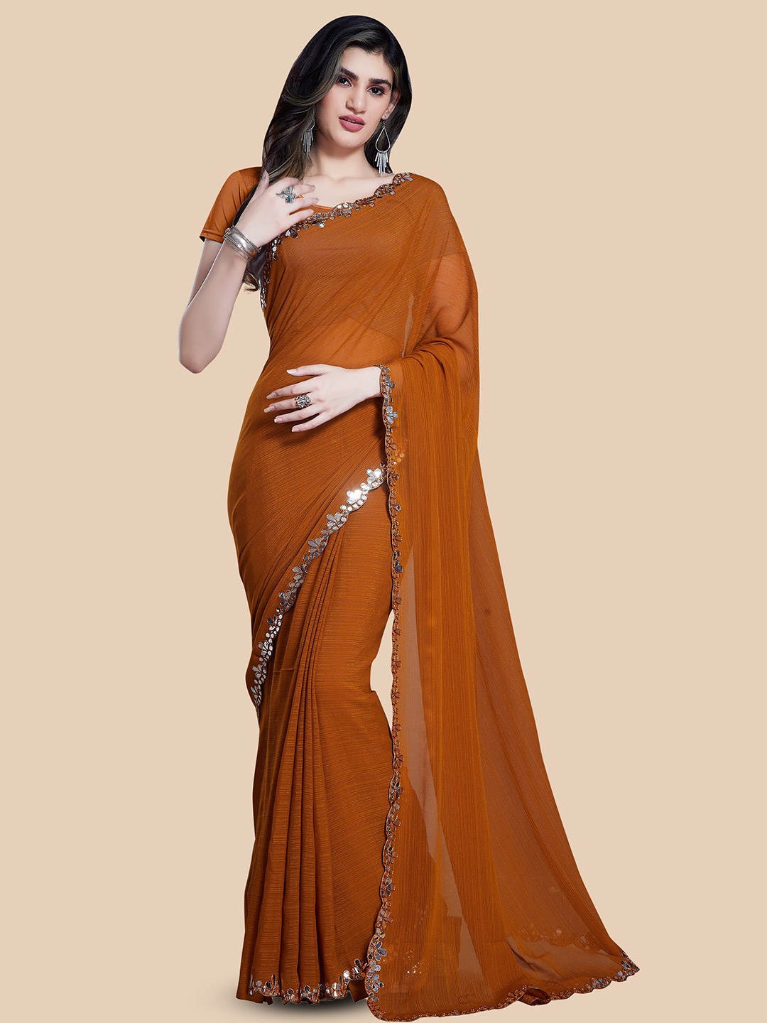 

Rani Saahiba Mirror Work Poly Chiffon Saree, Brown