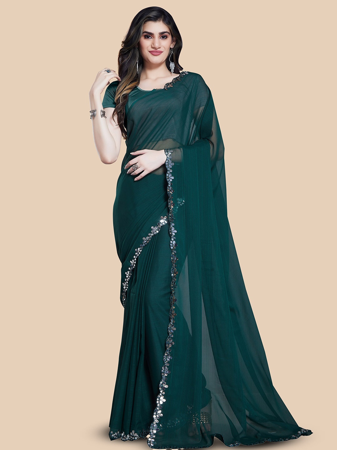 

Rani Saahiba Mirror Work Embellished Saree, Green