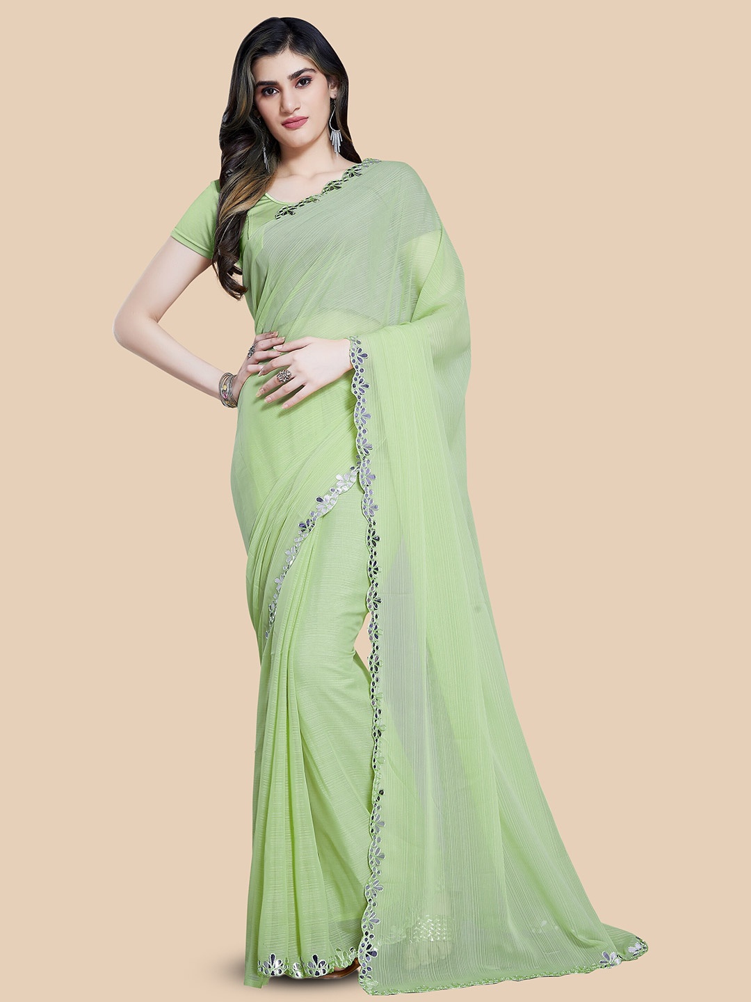 

Rani Saahiba Mirror Work Embellished Saree, Lime green