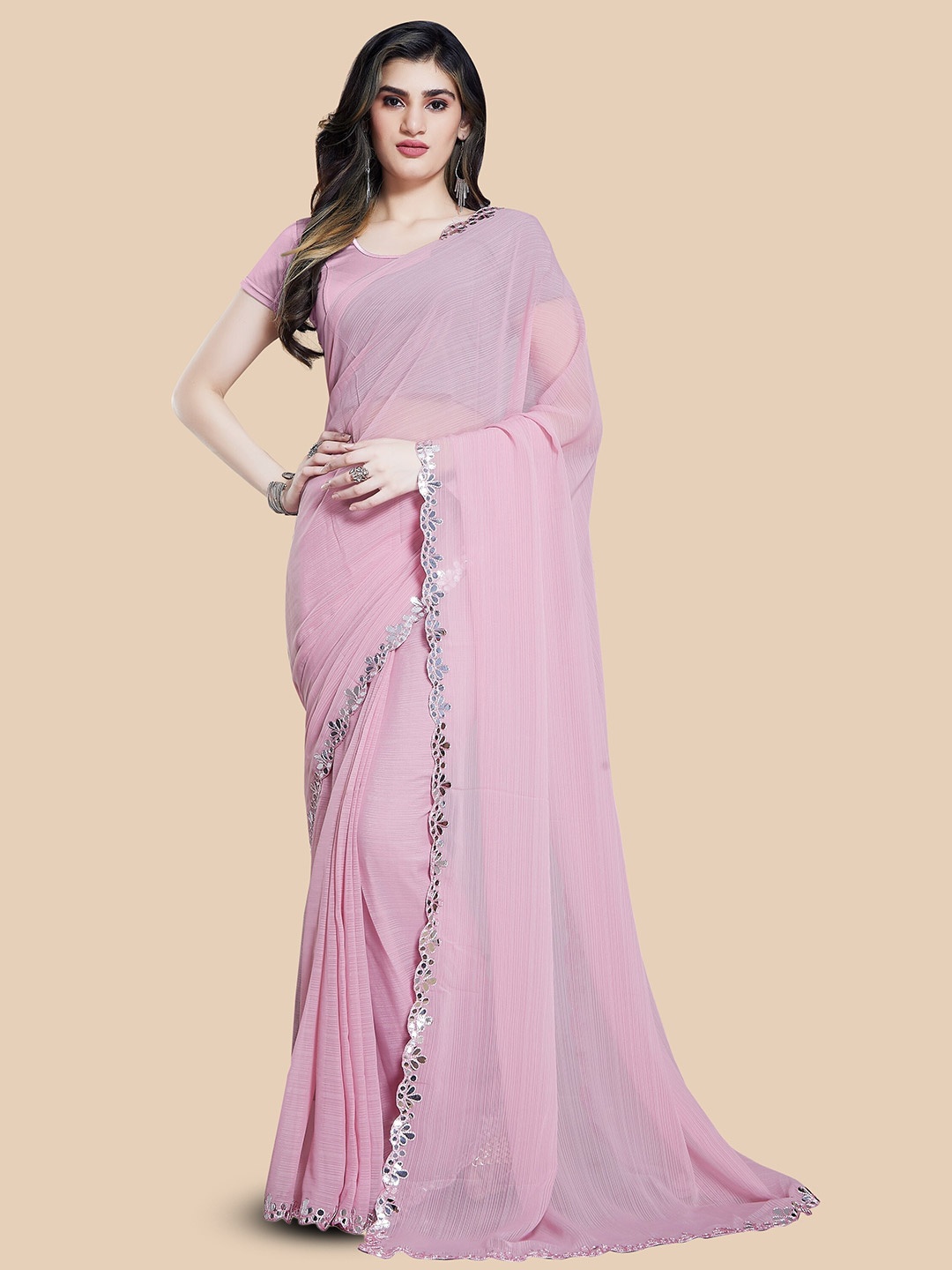 

Rani Saahiba Mirror Work Embroidered Saree, Pink