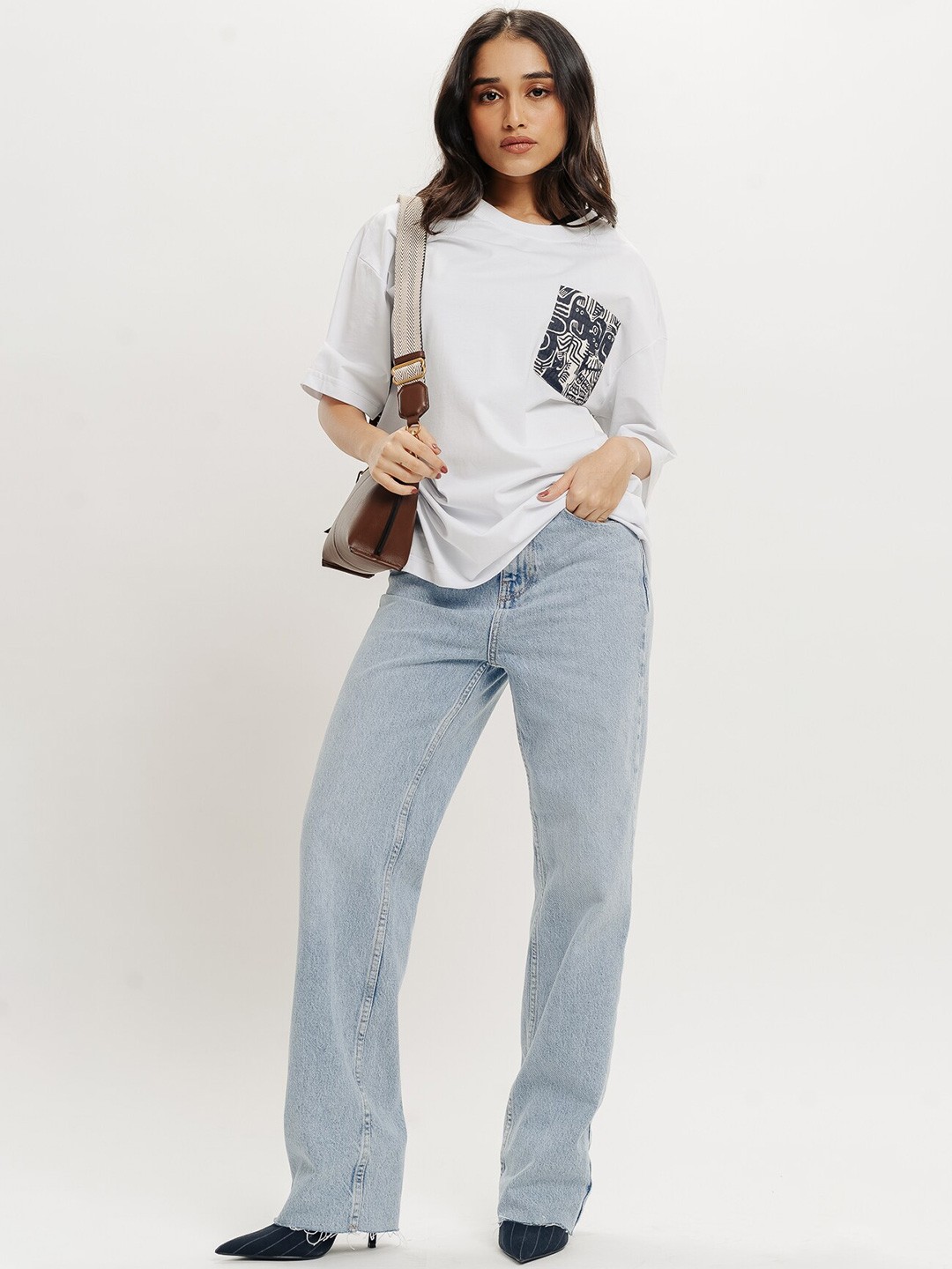 

FREAKINS White Typography Printed Drop-Shoulder Sleeves Pure Cotton Longline T-shirt