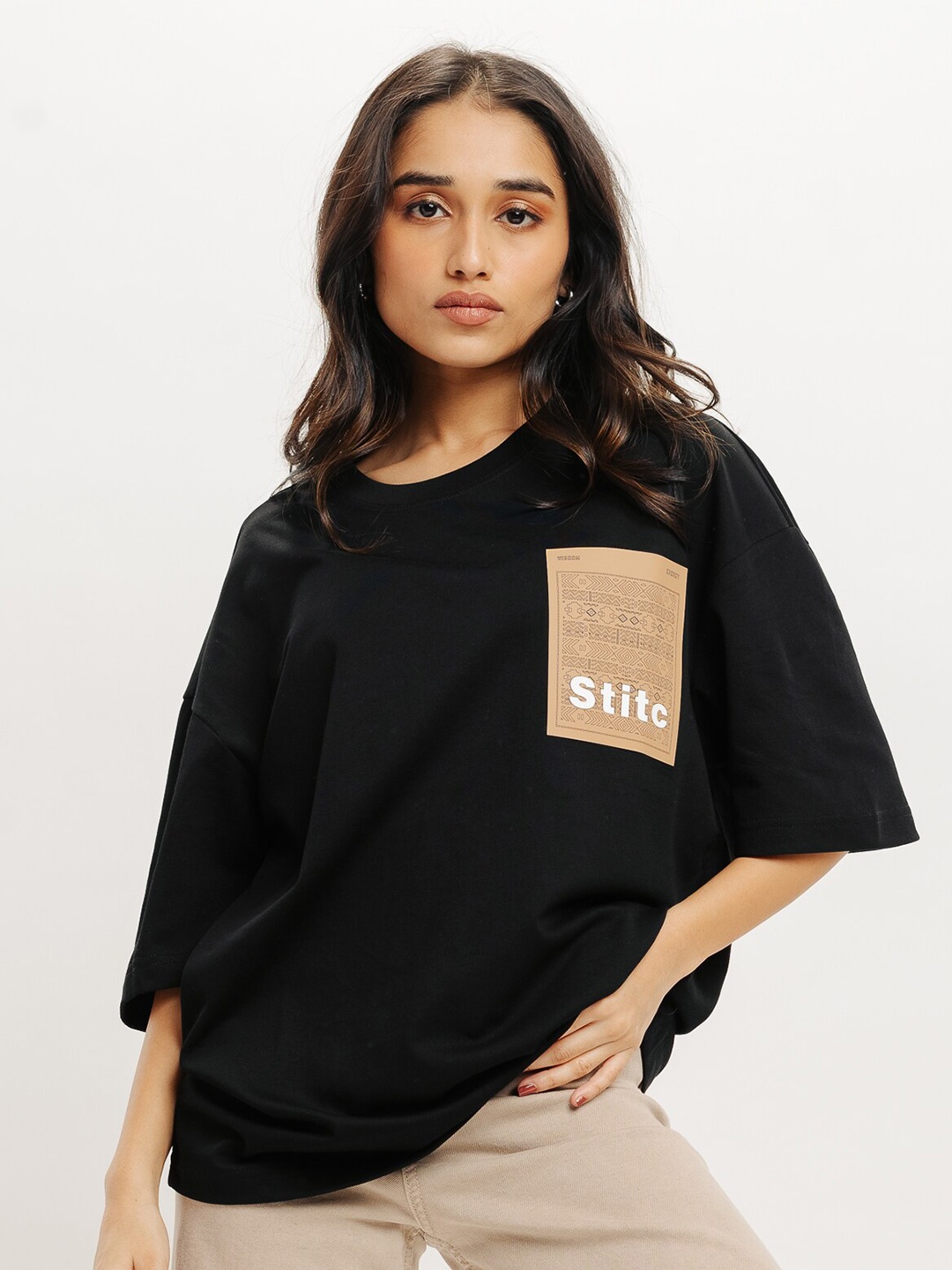 

FREAKINS Black Typography Printed Drop-Shoulder Sleeves Pure Cotton Longline T-shirt