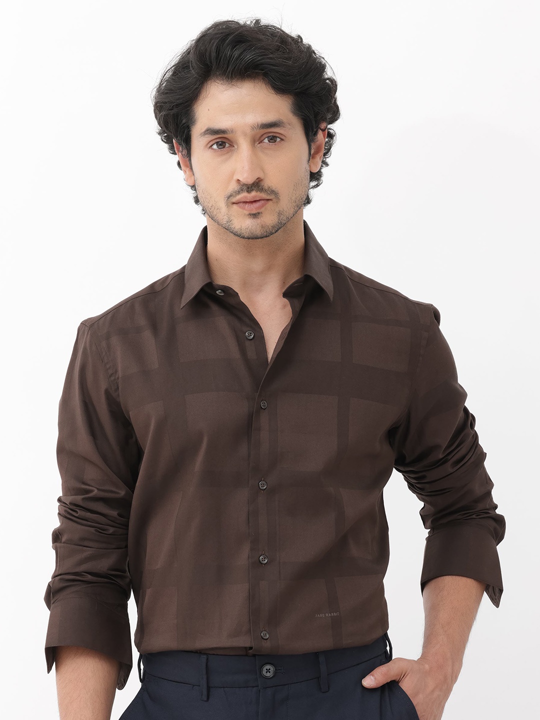 

RARE RABBIT Men Boxline-5 Regular Fit Classic Checked Cotton Shirt, Brown