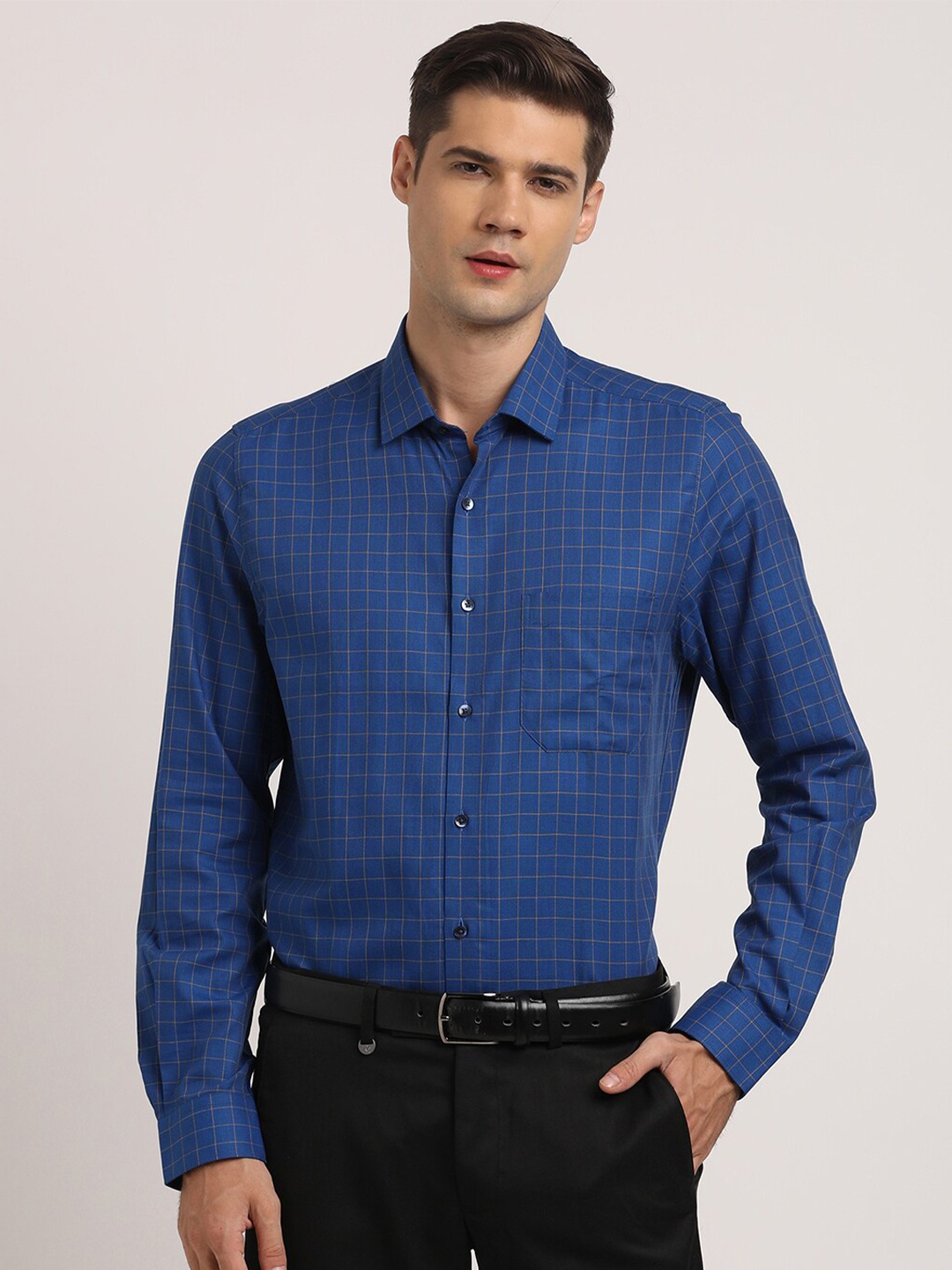 

Turtle Standard Grid Tattersall Checked Pure Cotton Formal Shirt, Blue
