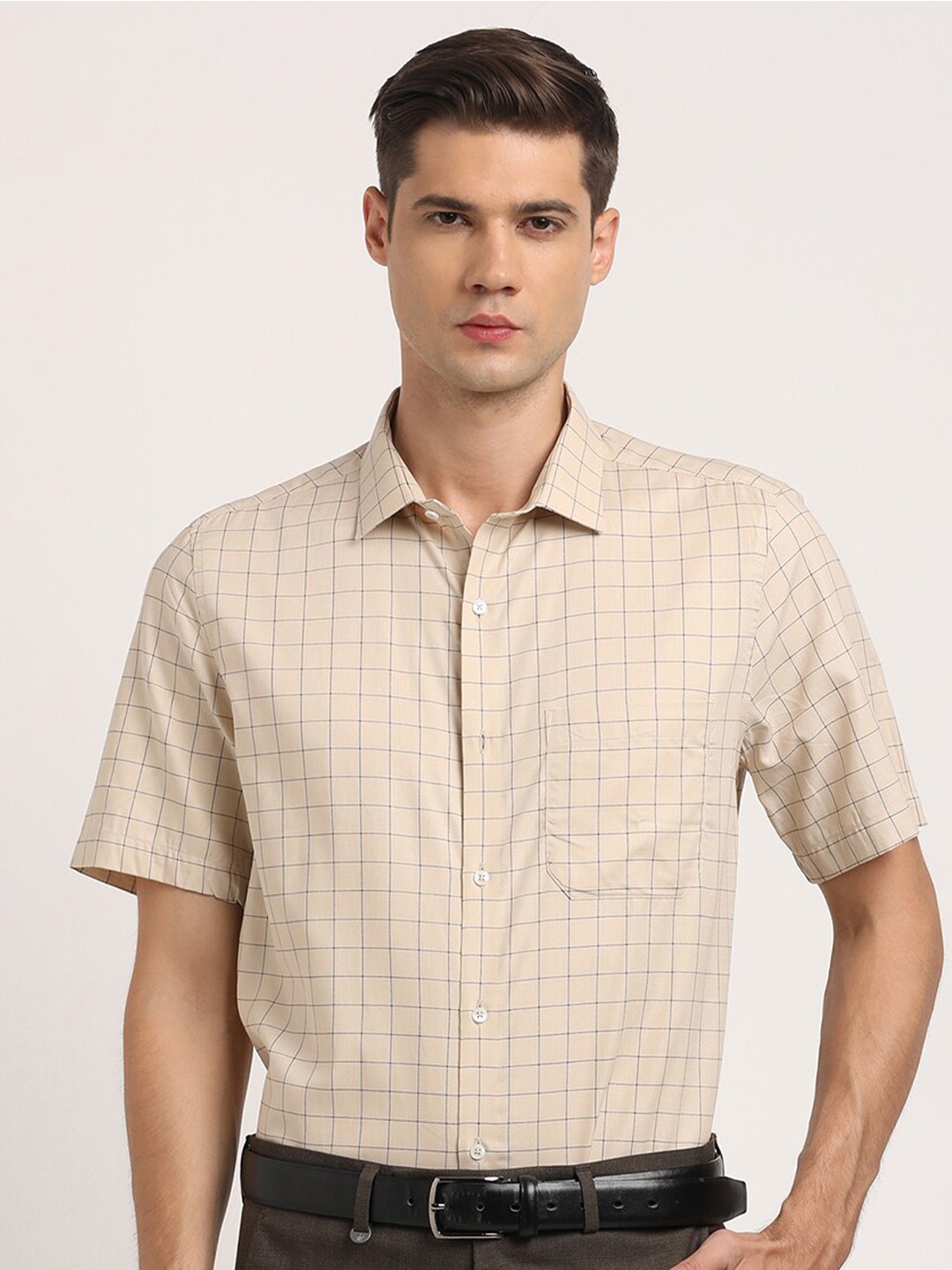 

Turtle Standard Grid Tattersall Checked Pure Cotton Formal Shirt, Beige