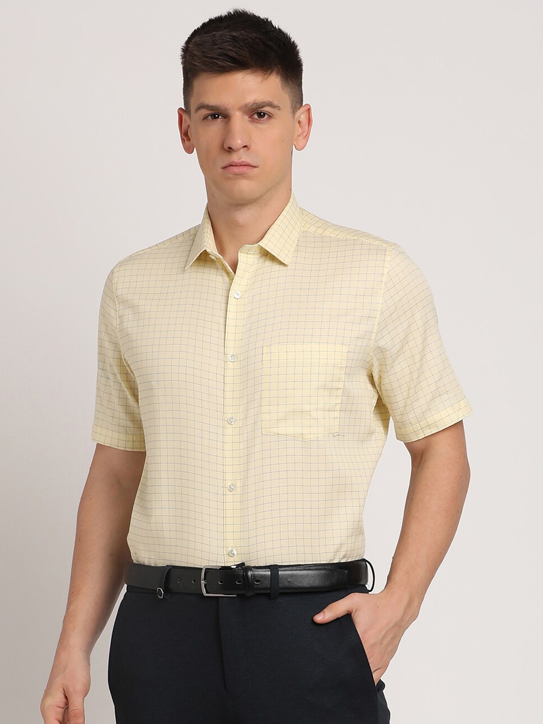 

Turtle Standard Grid Tattersall Checked Pure Cotton Formal Shirt, Yellow