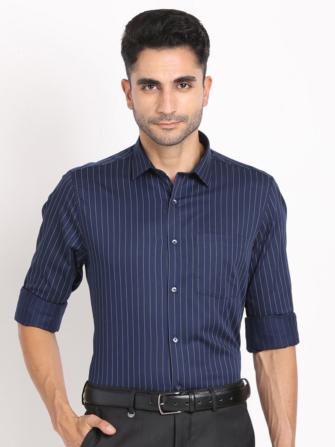 

Turtle Standard Striped Pure Cotton Formal Shirt, Navy blue