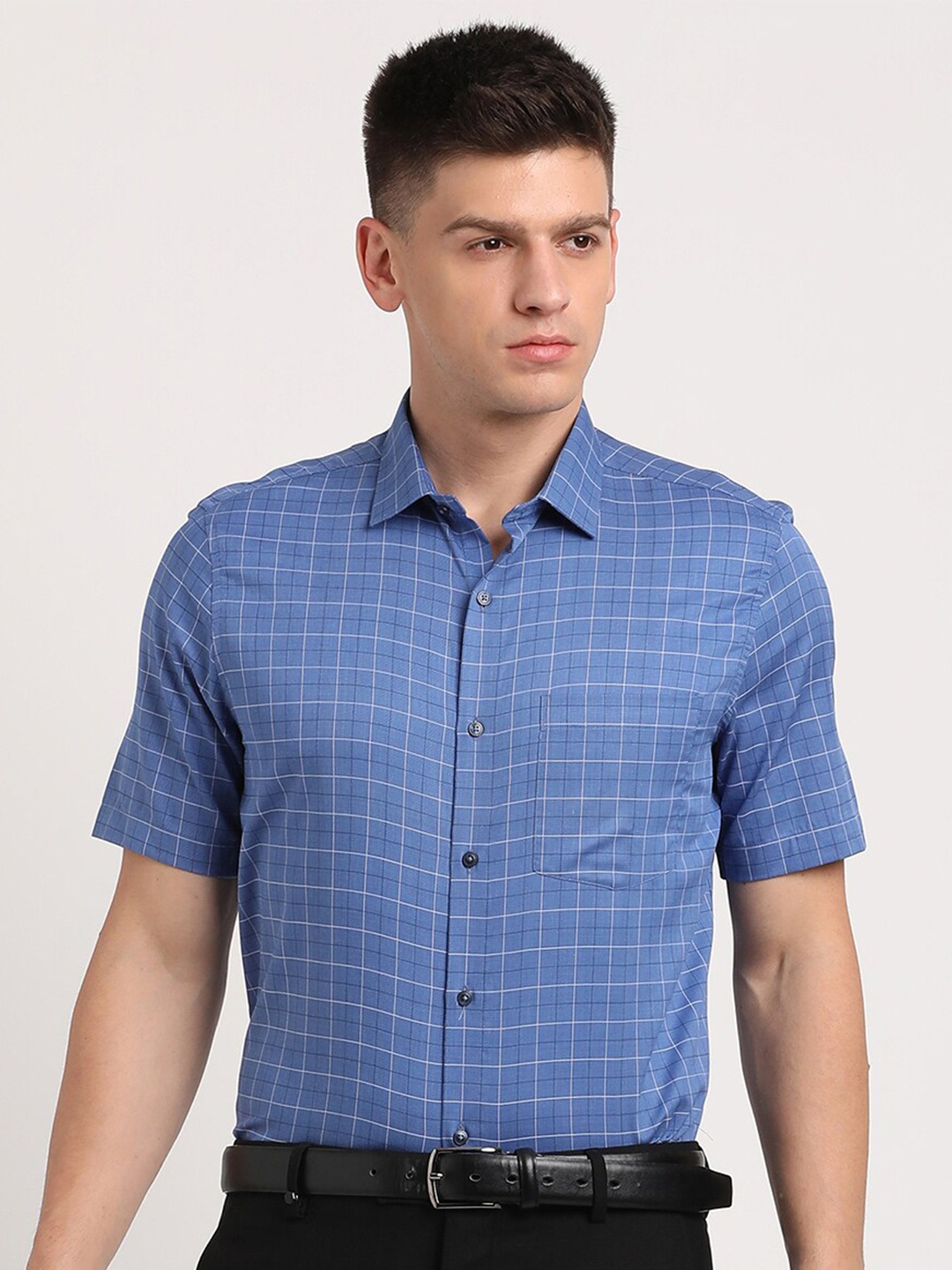 

Turtle Standard Grid Tattersall Checked Pure Cotton Formal Shirt, Blue